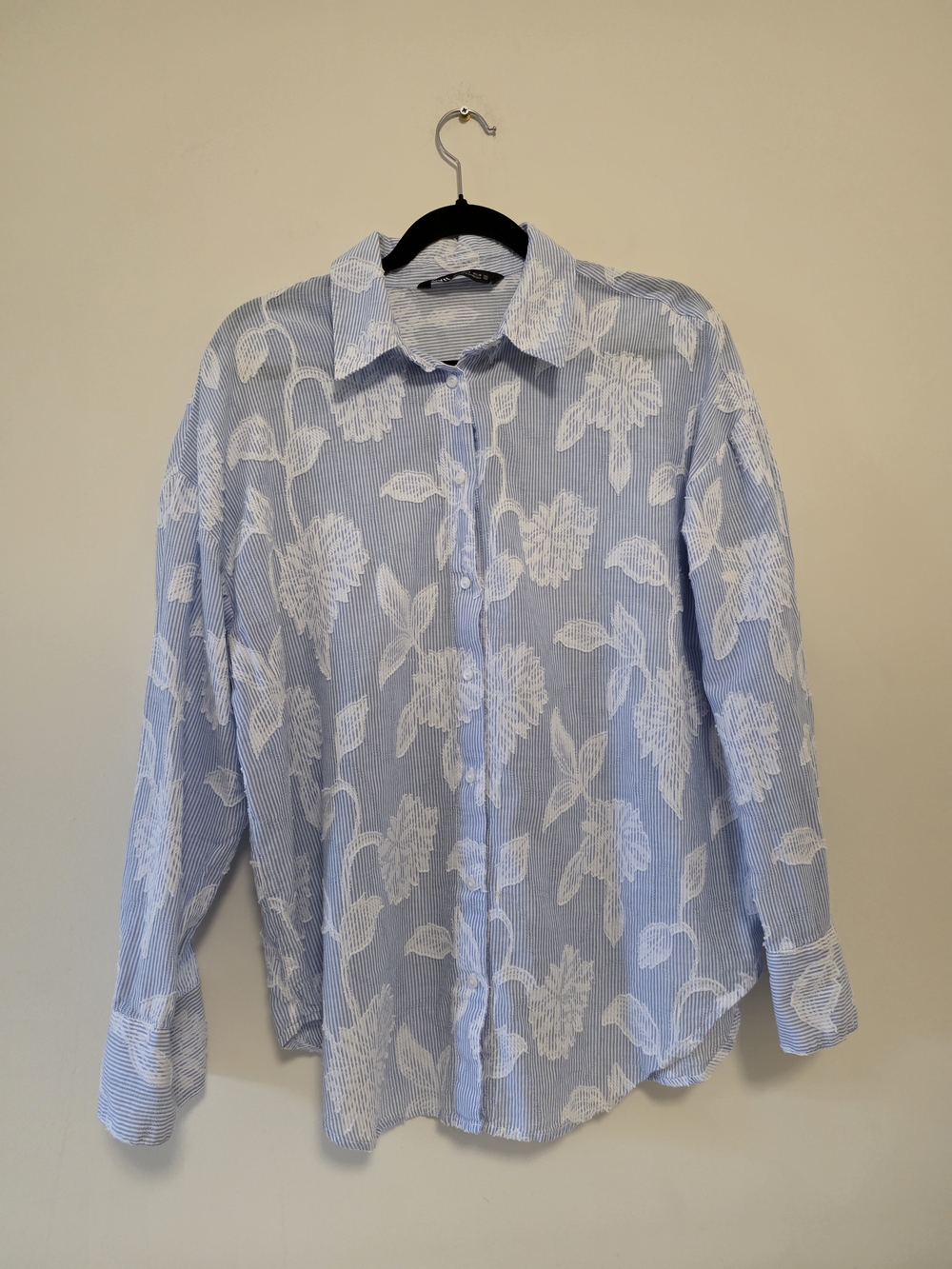 Zara Light Blue And White Stripe With Floral Details Oversized Button-Up Shirt.